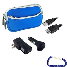 Gizmo Dorks Neoprene Zipper Sleeve (Blue with Gray Trim) and Charging Bundle with Carabiner Key Chain for the Sony Bloggie Live HD Camera