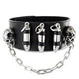 Black Leather Bracelet with Chained Skulls and Three Bullets