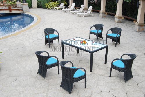 All Weather Collection Contemporary Dining Set with Six Blue Cushion Top Dining Chairs and Beverage Cart product image