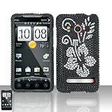 HTC Evo 4G Full Diamond Bling Bling Black Flowers Design Snap on Hard Case  ....