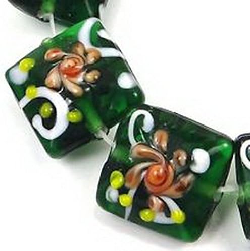 Smith Beads Lampwork Handmade Glass Green Emerald with Primrose Flower Square Beads 6 Pcs SBD19980