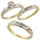 10k Gold 3-Piece Trio His (4mm) & Hers (3.5mm) Diamond Wedding Band Set w/ Rhodium Accent, w/ 0.12 Carat Brilliant Cut Diamonds; (Ladies Size 5 to10; Men's Size 8 to 14)
