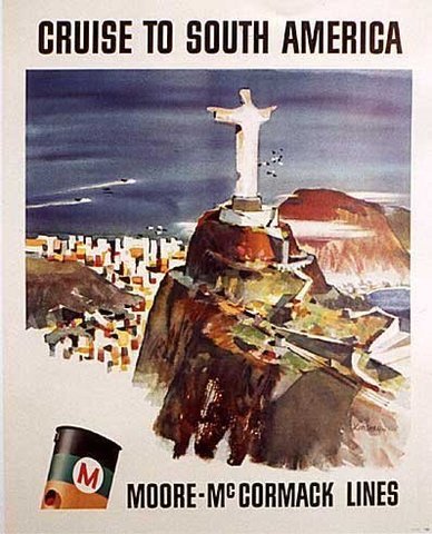 1950's Moore McCormack South American Rio de Janeiro Brazil Antique Vintage Ocean Liner Travel Shipping Advertising Poster by Artist Kingman