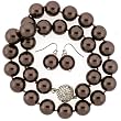 Luxurious Shell Pearl Majorca Necklace Chocolate Tone 14mm 18" Single Strand with Earrings Bucasi