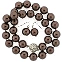 Luxurious Shell Pearl Majorca Necklace Chocolate Tone 14mm 18" Single Strand with Earrings Bucasi