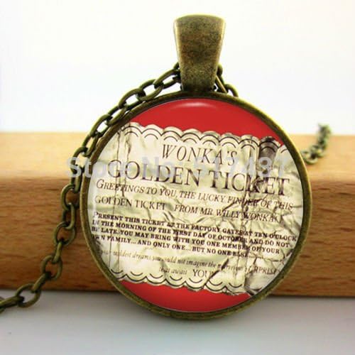 Pretty Lee Red Willy Wonka And The Chocolate Factory Film Necklace - The Golden Ticket Pendant Glass Photo Pendant