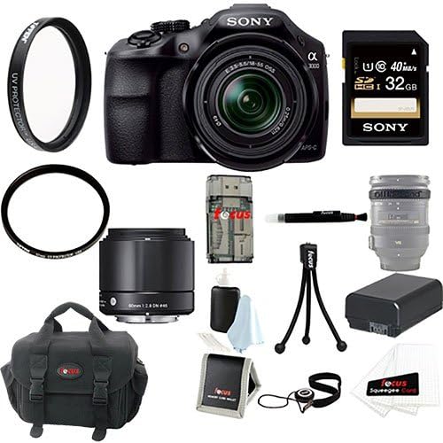 Sony A3000 ILCE-3000 ILCE-3000KB 20.1MP Interchangeable Lens Camera with 18-55mm Zoom Lens (Black) + Sigma 60mm f/2.8 DN Lens for Sony E-mount Cameras (Black) + Sony 32GB SDHC + Focus Large System Case + Tiffen 49mm and 46mm UV Protector Filter + Replacement NP-FW50 Battery + Accessory Kit