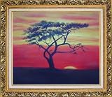 African Acacia Tree at Sunset Oil Painting, with Ornate Antique Dark Gold Wood Frame 26 x 30 inches