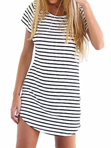 LILBETTER Women Crew Neck Short Sleeve Striped Loose T-Shirt Mini Dress