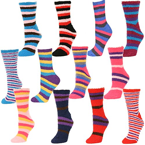 Women's Soft and Warm Fuzzy Sock Packs (One Size Fits Most 13+) (Stripe 12 Pack)