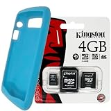 Kingston 4GB MicroSD Card With SD and MiniSD Adapters and BlackBerry Turquoise Patterned Color Matte Finish Silicone Skin Case for BlackBerry Pearl 3G 9100