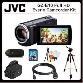 JVC GZ-E10 Everio Camcorder Kit Includes: JVC GZE10 Camcorder (Black), HDMI Cable , 32GB Memory Card, Memory Card Reader, Large Carrying Case, Full Size Tripod, Table Top Tripod, LCD Screen Protectors, Cleaning Kit & SSE Microfiber Cleaning Cloth.