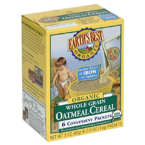 Earth's Best Organic Whole Grain Oatmeal Baby Cereal 3 Oz. Box 6 Convenient Packets 