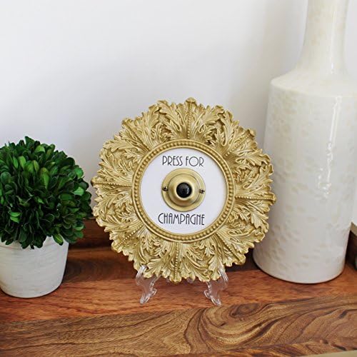 Press for Champagne ((SILENT VERSION)) | Round Gold Home Decor Frame with Vintage Brass Push Button (includes wall hanger and stand)