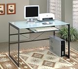 Modern Gray Finish Metal Computer Desk Workstation w/ Glass Top