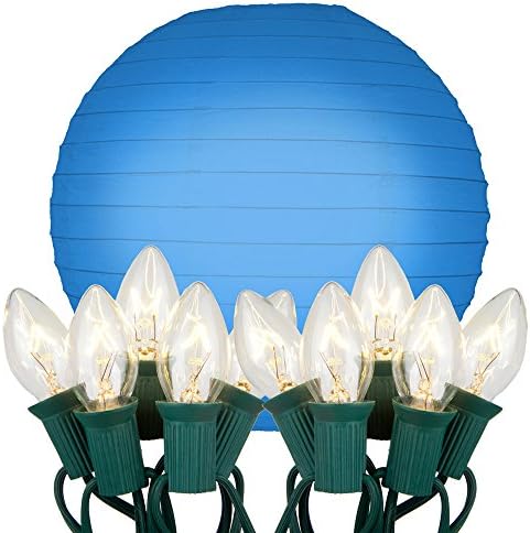 LumaBase Patio Lawn Tree Hanging Electric String Light Cord with Round Paper Lanterns (10") Bluebell Turquoise 10Ct