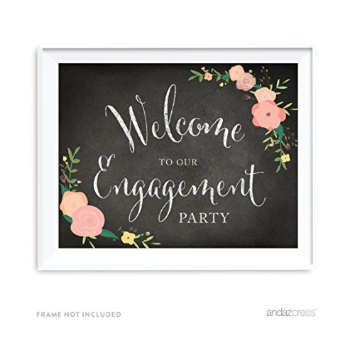 Andaz Press Wedding Party Signs, Chalkboard Pink Coral Floral Roses Print, 8.5x11-inch, Welcome to our Engagement Party, 1-Pack