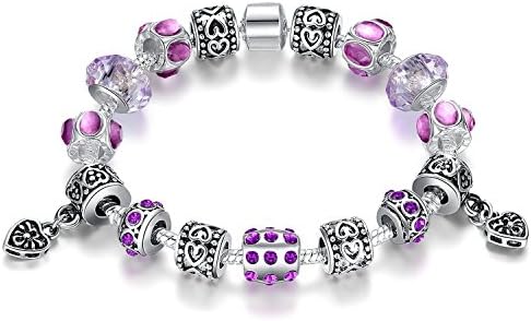 Fun Charm Jewelry Silver Plated Purple Crystal Beads Heart Dangle Snake Chain Fit Pandora Charm Bracelet 21CM