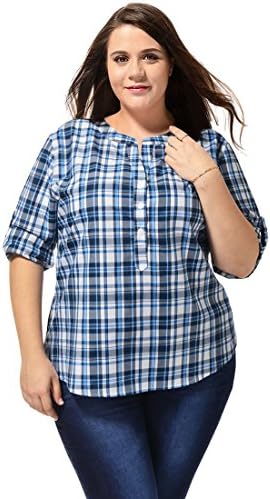 Allegra K Women Plus Size Long Sleeves High Low Hem Plaids Tunic Shirt
