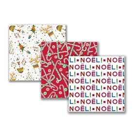 Caspari Set of Three Whimsical Rolls of Wrapping Paper, Sparkles & Twinkles, NOEL, Peppermint Stripes Red