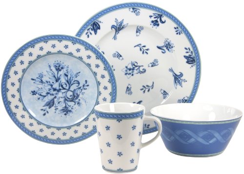 European 16 -Piece Fine Porcelain Dinner Ware Set- Country Blue  Decor