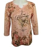 Cactus Bay Apparel Rhinestone Highlighted, Artistically Printed, 3/4 Sleeve, Notch Neck, Peach Colored, Cotton Woman's Fashion Top - Lazy Afternoon