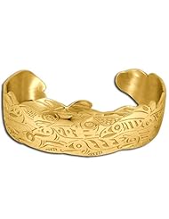 14K Yellow Gold Northwest Coast Native American Salmon Run Bracelet. Made in USA.