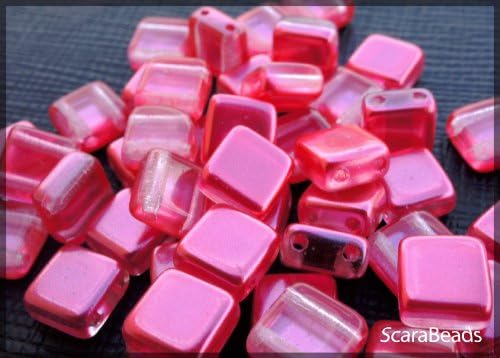 40pcs Czech Glass Two-Hole Tile Beads ESTRELA 6x6x3.2mm Red Pink