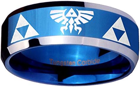 8MM Tungsten Triforce & Legend of Zelda Blue IP Plated Beveled Silver Edges Men's Band Ring Size 13