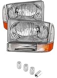 Ford F250 F350 F450 Superduty Excursion Crystal Headlights With Bumper Lights Chrome Housing With Clear Lens+ Free Gift Tires Valve Stem Cap 4pcs Silver.