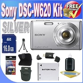Sony Cyber-shot DSC-W620 14.1 MP Digital Camera with 5x Optical Zoom and 2.7-Inch LCD (Silver) + 16GB SDHC Class 10 Memory Card + Extended Life Battery + USB Card Reader + Memory Card Wallet + Deluxe Case w/Strap + Shock Proof Deluxe Case + Accessory Saver Bundle!