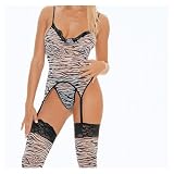 3Pc Zebra Print Cami Garter Top, G-String, And Stockings Set
