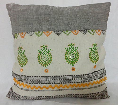 Panigha India Handmade Decorative Pillow Cover / Accent Pillow / Throw Pillow Cover 1pc Size 16" x 16" made of Hand loom Cotton with Hand Block Print and Embroidery