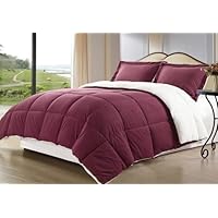 3 Pcs Burgundy Borrego Sherpa, Berber Throw Blanket, Down Alternative Comforter Mini Set with Pillow Case Bedding, KING Zise Bed Cover