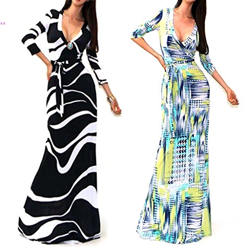 YJWAN Women's Casual Sexy 3/4 Sleeve Deep V Neck High Waist Floor Length Dress