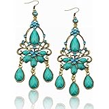 Long Retro Copper Peacock Flower Pattern Crystal Gem Hook Eardrop Dangle Earrings