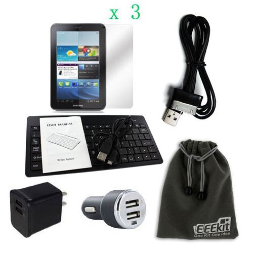 EEEKit for Samsung Galaxy Tab 2 II 7.0 inch GT-P3113 P3110 P3100 Accessory Bundle, Mini Bluetooth Keyboard for Android Tablet + 3-Pack Crystal Clear Screen Protector + 2 Port AC Wall Charger + USB 2 Port Car Charger + Samsung USB Power Charger Cable + EEEKit Protective Storage Pouch