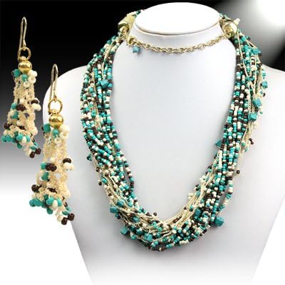 Womens Designer Necklace, Turquiose, Cream & Black, -Long Necklace Set -26" - 29" Long