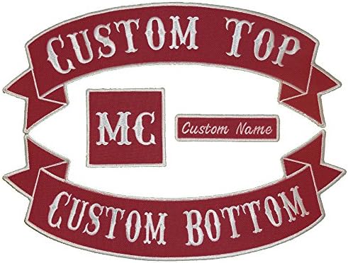 Custom 4pc Patch Set - 10" Top &amp; Bottom Rockers, 1x4 Name Tag, 2" Square - Banner Style (Red)