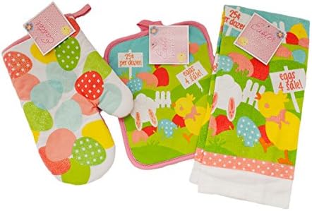 Easter and Spring Bunny and Chicks Theme Bundle of 3 Items - Oven Mit, Pot Holder, and Easter Kitchen Towel