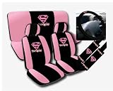 11pc Supergirl Super Girl Pink Logo Low Back Seat Covers with Head Rest Covers, Bench Cover and Steering Wheel Cover with Shoulder Pads Licensed and Rare Product