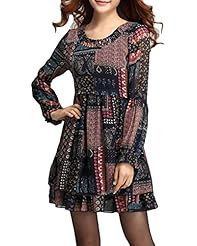 Ruched Vintage Flared-Skirt Floral Print Puff Sleeves Scoop Neck Short Chiffon  Dress