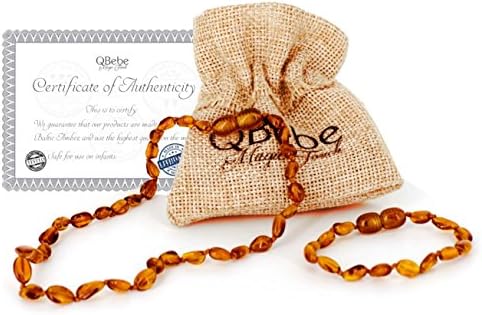 Amber Teething Set - QBebe - Amber Teething Necklace plus Bracelet/Anklet for Babies - Fit for Moms too - Certificated Baltic Amber - Teething Pain Reduce and Anti Inflammatory (Cognac)