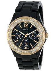 GUESS Womens U0062L8 Classic Feminine Gold Bezel Black Watch