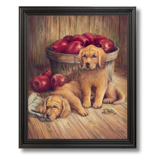 Solid Wood Black Framed Country Puppy Dog Apple Basket Animal Pictures Art Print
