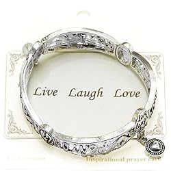 Inspirational Live Love Laugh Silvertone Elastic Bangle Bracelet