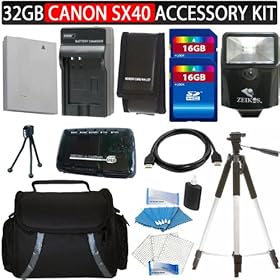 Canon SX40 HS 12.1MP Digital Camera Accessory Kit Includes Canon NB-10L Equivalent Replacement Battery (Generic)+ Charger + 16GB SDHC Memory (2Pcs)+ Reader + Digital Flash + Camera Case + Aluminum Tripod + HDMI Cable + Screen Protector (3Pack) + Mini Tripod And Camera Cleaning Kit