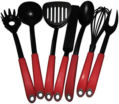 Visna 7 Pieces Nylon Utensils Kitchen Tool Set Red Rubber Handle Including Balloon Whisk Slotted Spatula Solid Spoon Fork, Soup Ladles Pasta Fork Turner Spatula