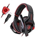 SADES ゲーミングヘッドフォン 7.1chサラウンド PC対応 USB有線 ノイズキャンセリング マイク LEDライト ブラック&レッド