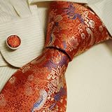 Orange pattern silk tie blue floral gifts for the groom handmade silk tie cuff links set A1063